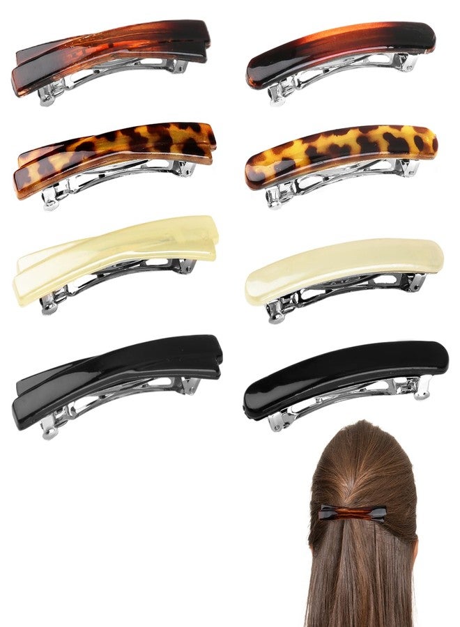 TNJPSEK 8 Pcs Small Tortoise Shell Hair Barrettes for Women, French Barrette Flat Hair Clips, Small Size Curved Glossy Thin Flat Hair Accessories for Thin Fine Hair (Black, White, Leopard & Amber) - Image 1